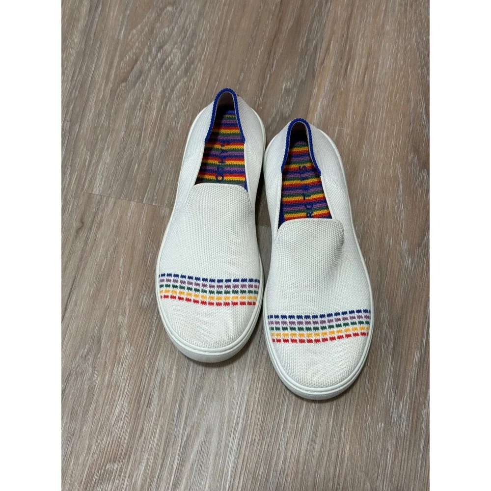 Rothys Kids Slip On Sneaker Bright White Rainbow Stripe Size 3
